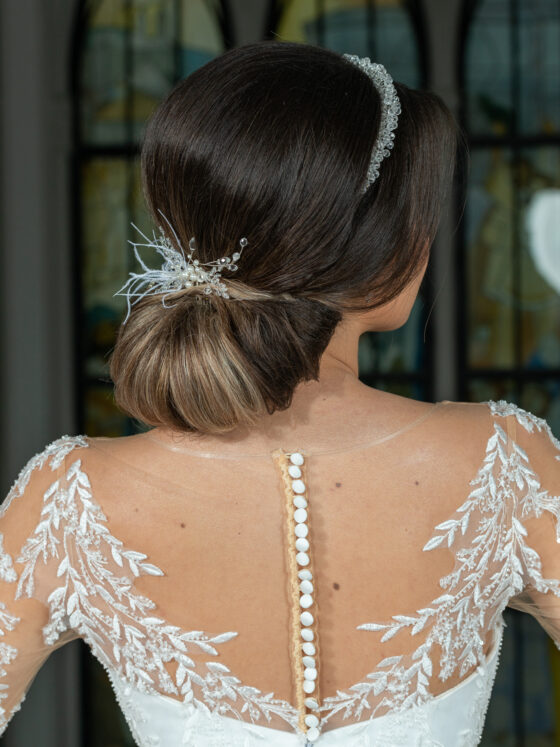 Rochie de mireasă în stil A-line cu mâneci lungi din dantelă, fustă din tulle cu sclipici - 5208